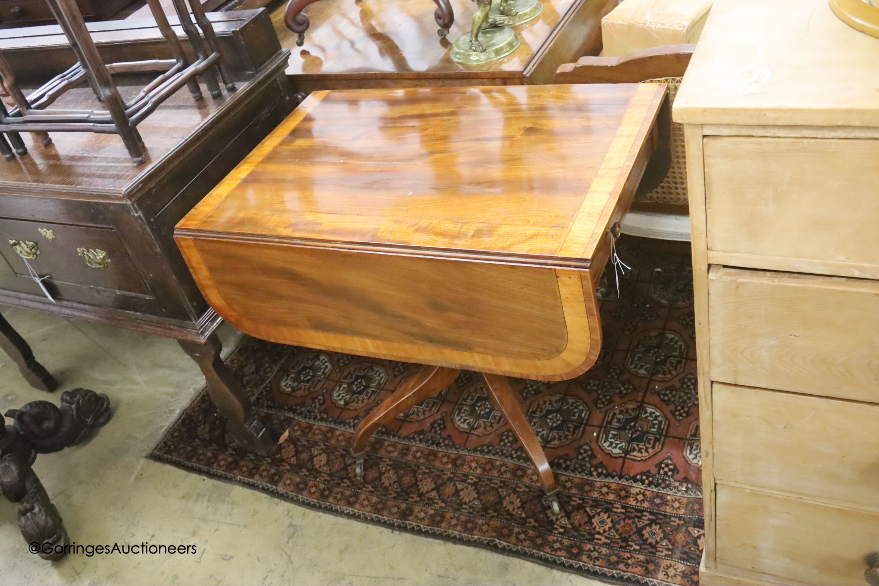 A George IV satinwood banded mahogany Pembroke table, 104cm extended, depth 81cm, height 70cm